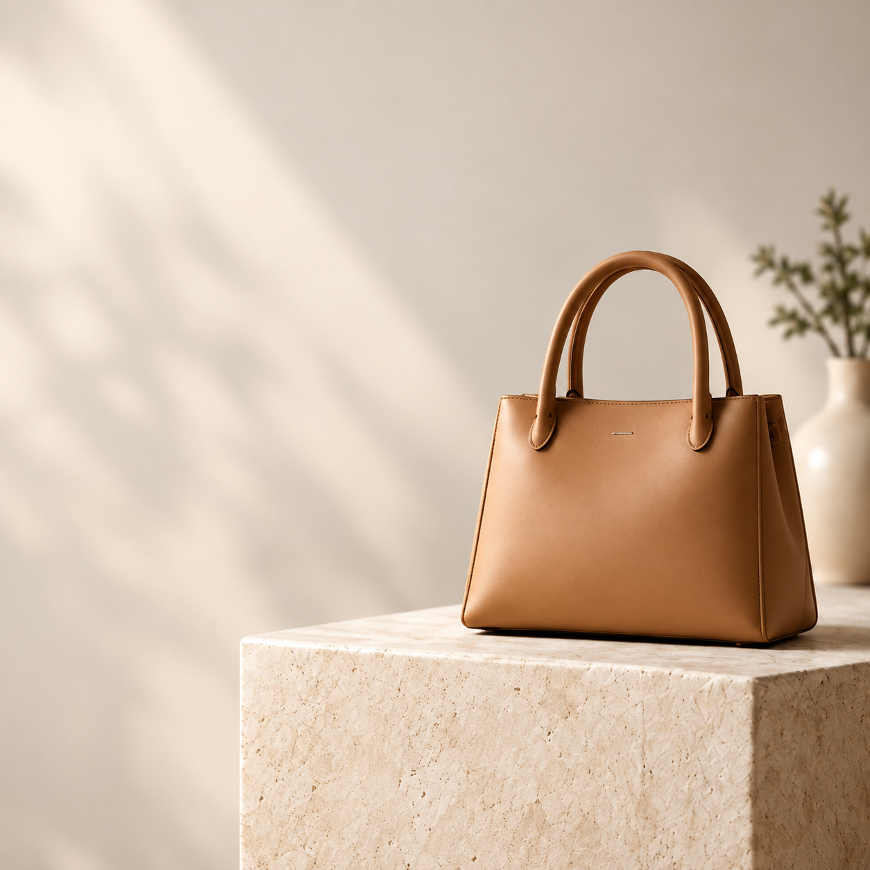 Tas kulit tan Alexia di atas meja travertine