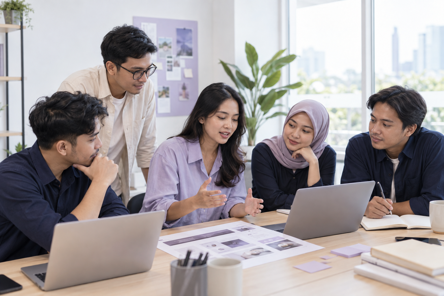 Ilustrasi AI tim Emisell berdiskusi tentang desain dan pengembangan platform commerce